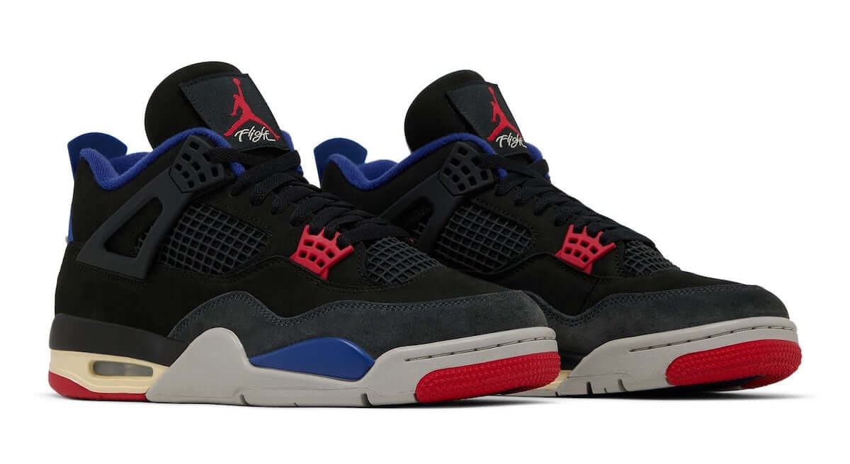 Air Jordan 4 Retro Rare Air sneakers in black, blue, and red showcasing premium materials and iconic design.
