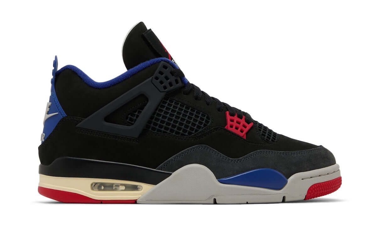 Air Jordan 4 Retro Rare Air sneaker side view featuring iconic black, blue, and red colorway.
