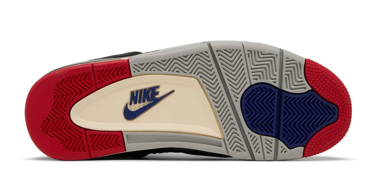 Nike Air Jordan 4 Retro Rare Air sole view featuring red, white, and blue accents with iconic design details.