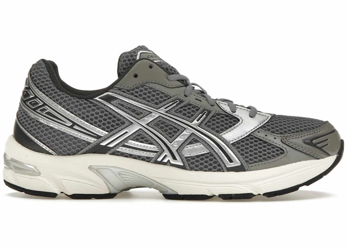 ASICS Gel-1130 in clay grey and pure silver, featuring breathable mesh and synthetic overlays for style and comfort.