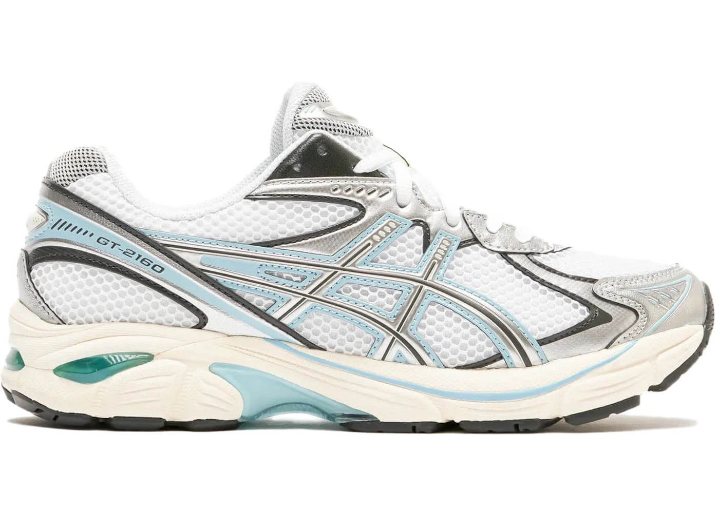 ASICS GT-2160 White Pure Silver performance running shoe with breathable mesh and calf leather overlays.