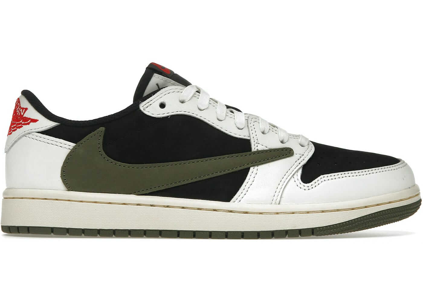 Jordan 1 Retro Low OG SP Travis Scott Olive (Women's) sneaker, featuring black suede and olive green accents.