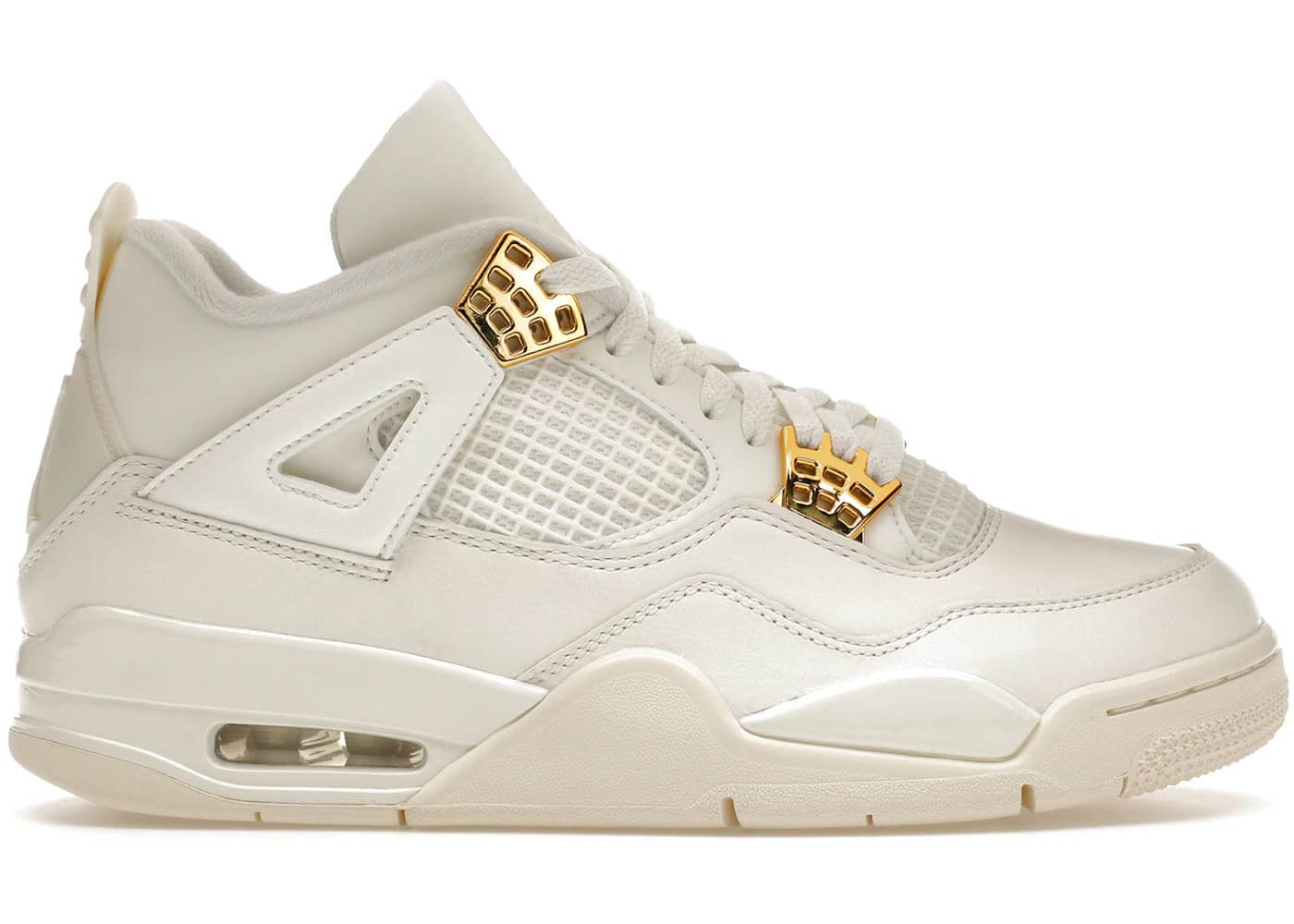 Jordan 4 Retro Metallic Gold women's sneakers, 100% authentic, stylish design, available in multiple sizes.