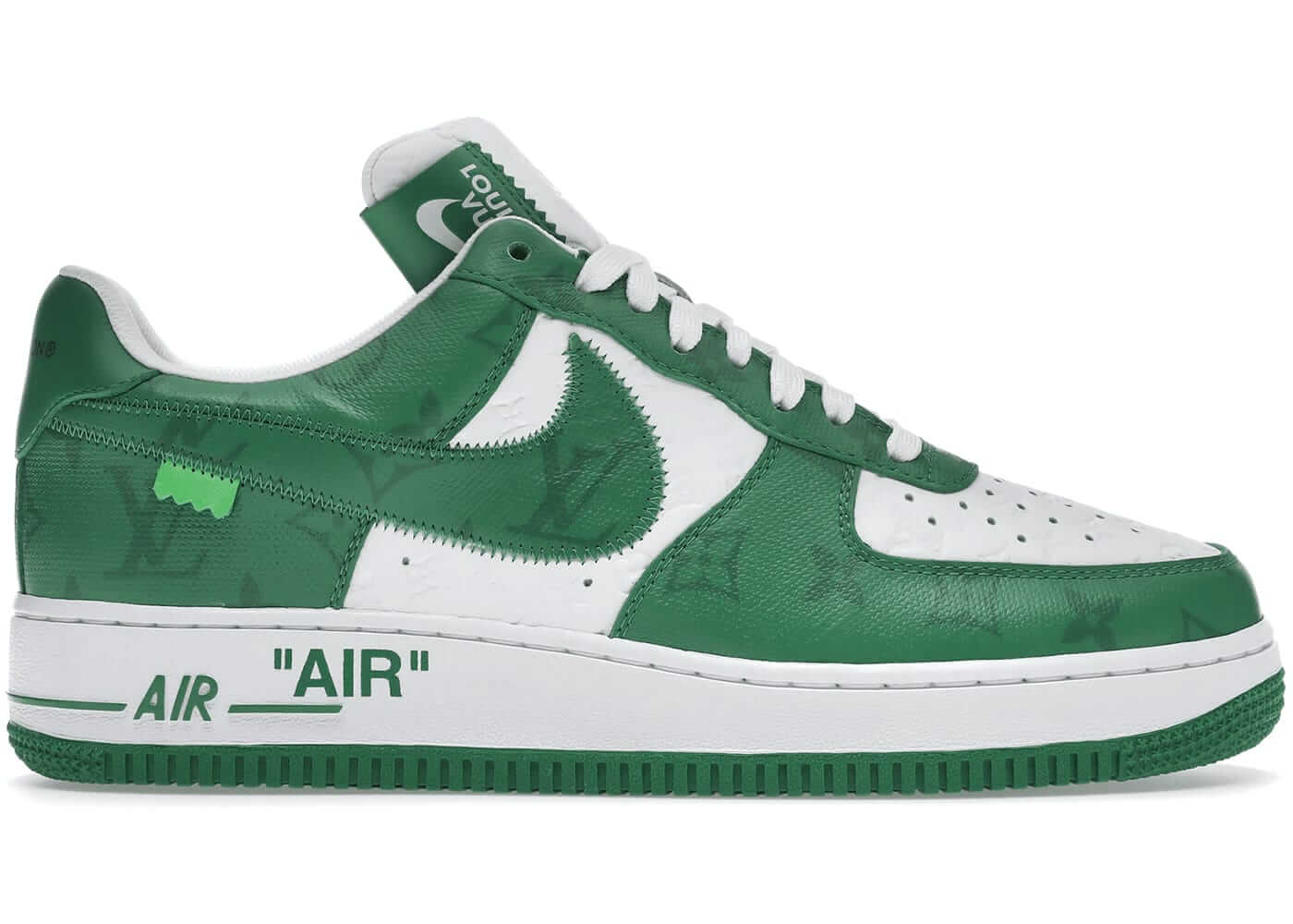 Louis Vuitton Nike Air Force 1 Low by Virgil Abloh in white and green, featuring a stylish design and premium materials.