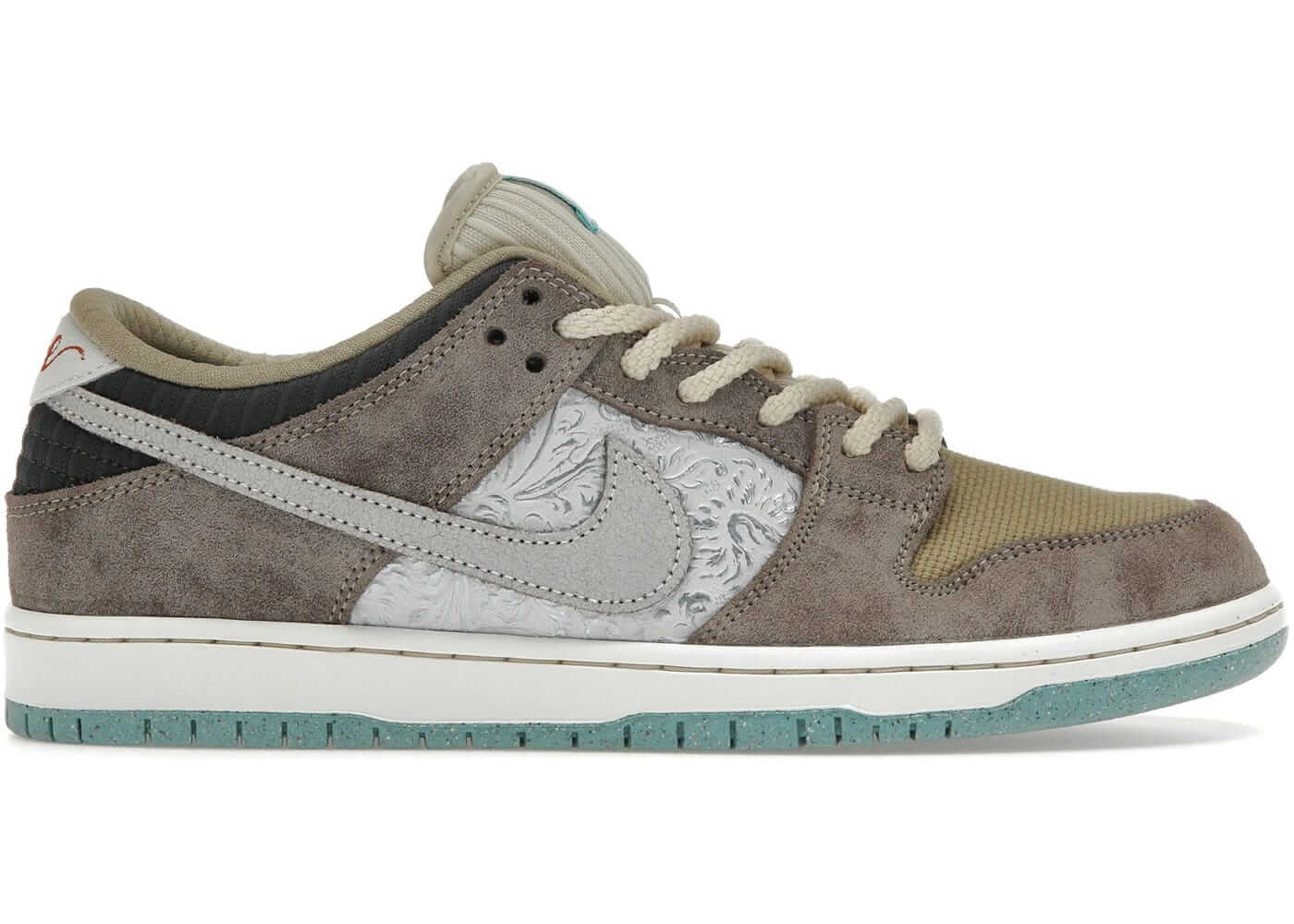 Nike SB Dunk Low Big Money Savings sneaker in gray and brown with unique design and textured details, 100% authentic.
