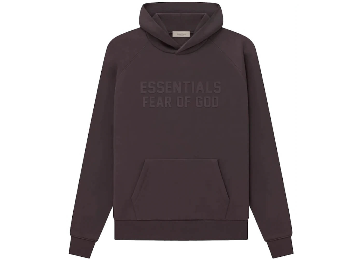 Fear of God Essentials hoodie in plum with printed logo, featuring a roomy fit and front pocket.