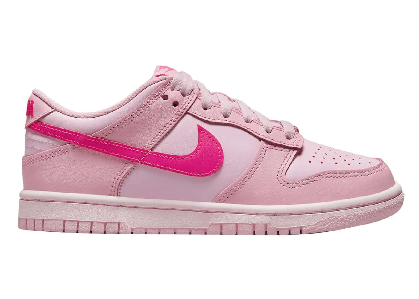 Nike Dunk Low Triple Pink (GS) sneakers in vibrant pink, featuring a bright Swoosh and lightweight design, brand new and authentic.