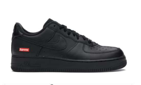 Nike Air Force 1 Low Supreme Black with red Supreme Box Logo, all-black leather design, stylish sneaker.