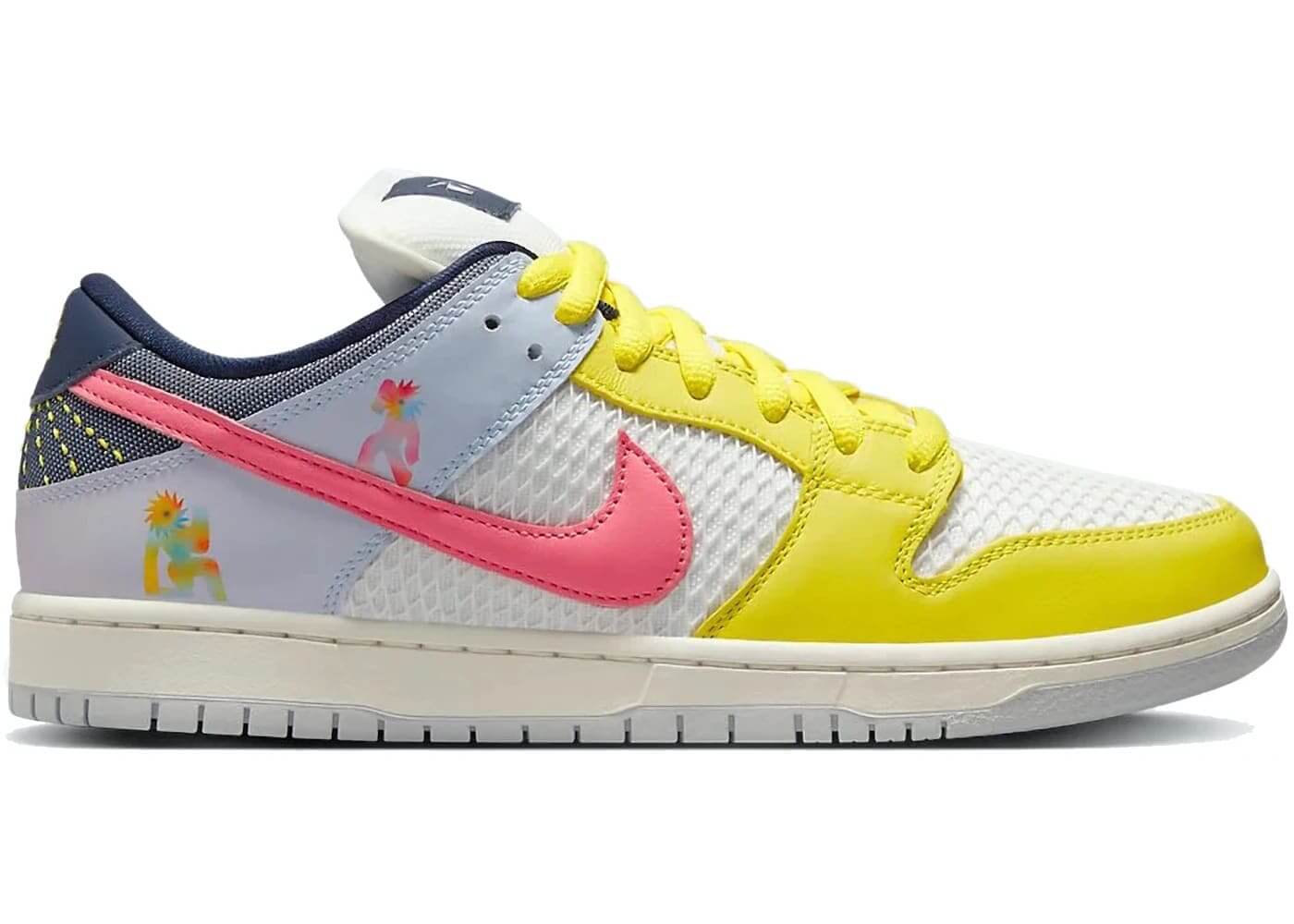 Nike SB Dunk Low Pro Be True Xavier Schipani in white and yellow with pink accents and unique graphics.