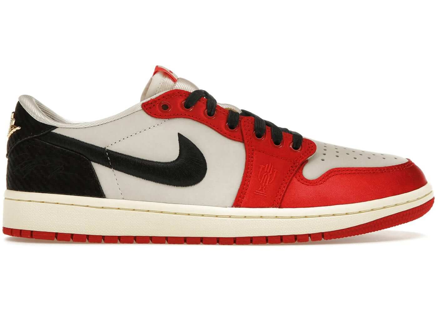 Jordan 1 Retro Low OG Trophy Room Rookie Card Away sneakers in grey, red, and black colorway, side view.