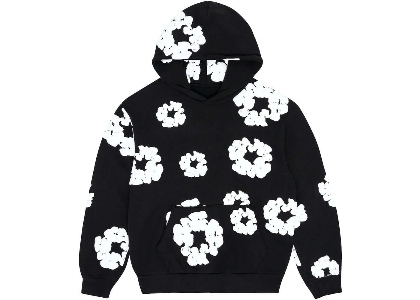Denim Tears Cotton Wreath Sweatshirt in black featuring white floral designs and a front pocket.