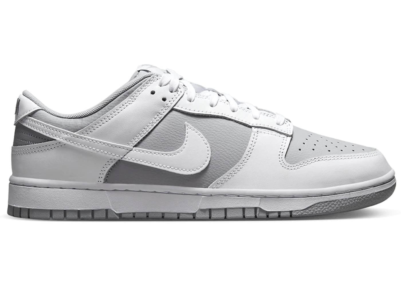 Nike Dunk Low Retro White Grey sneakers, brand new and 100% authentic, side view with leather and mesh details.