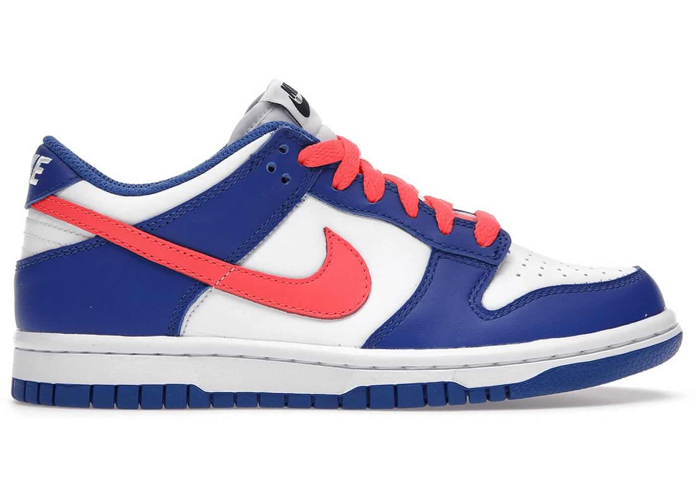Nike Dunk Low in Bright Crimson and Game Royal colors, featuring a classic low-top design and vibrant laces.