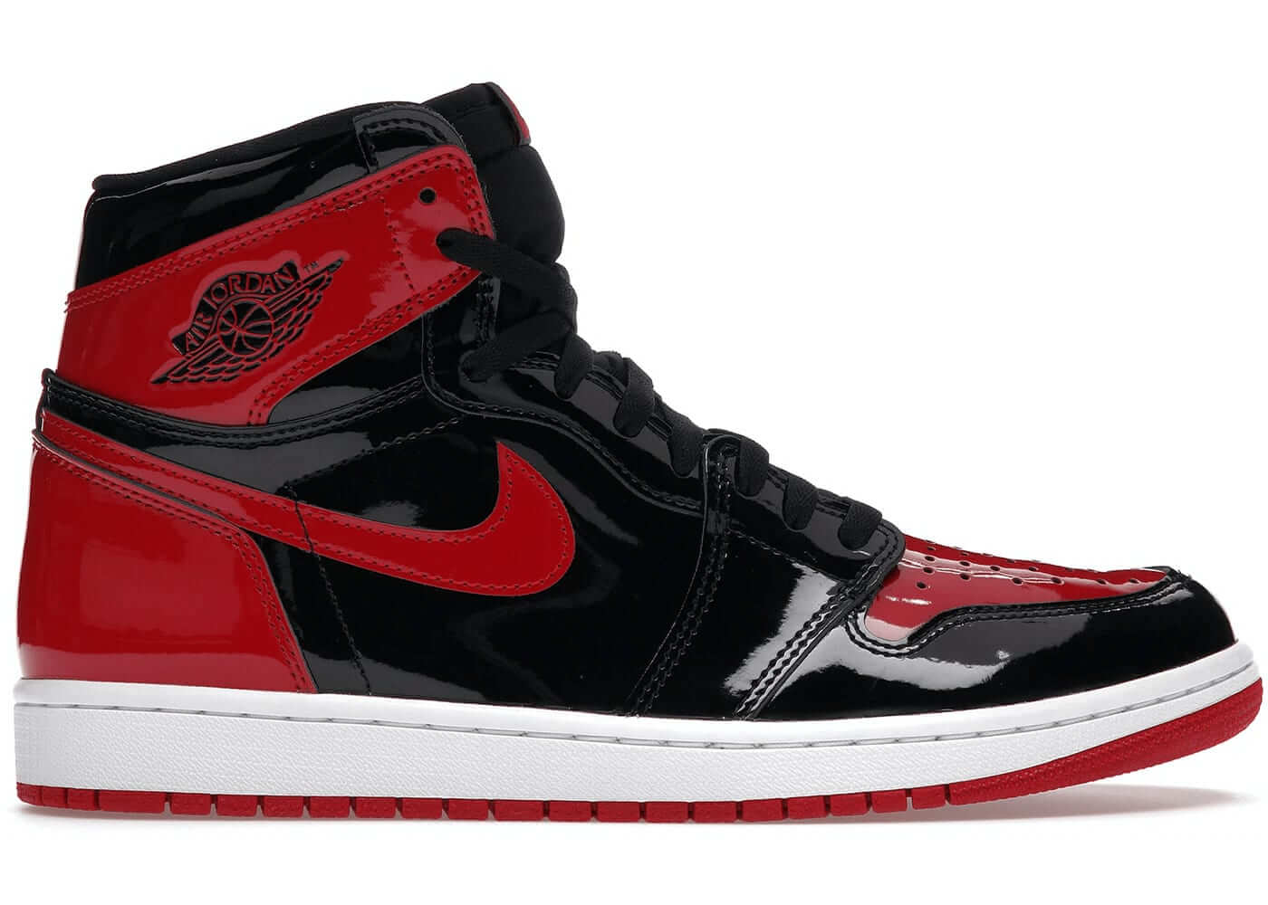 Air Jordan 1 Retro High OG Patent Bred with black and red patent leather upper and classic Wings logo.