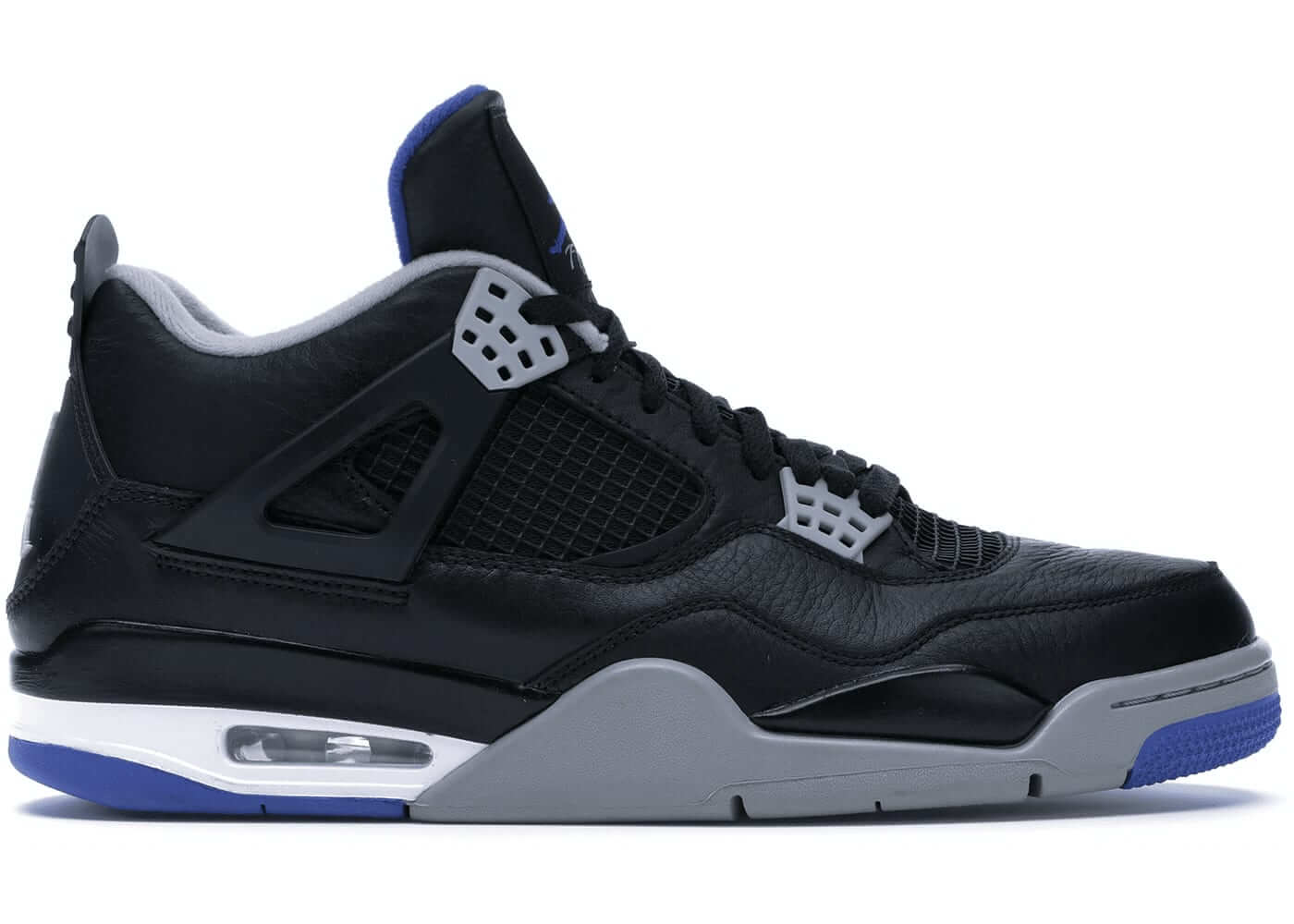 Jordan 4 Retro Motorsports Alternate sneaker, featuring black leather with gray and blue accents, side view.