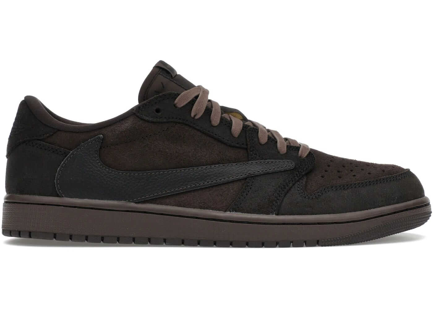 Air Jordan 1 Retro Low OG SP Travis Scott Velvet Brown sneaker side view in dark mocha and black colors.