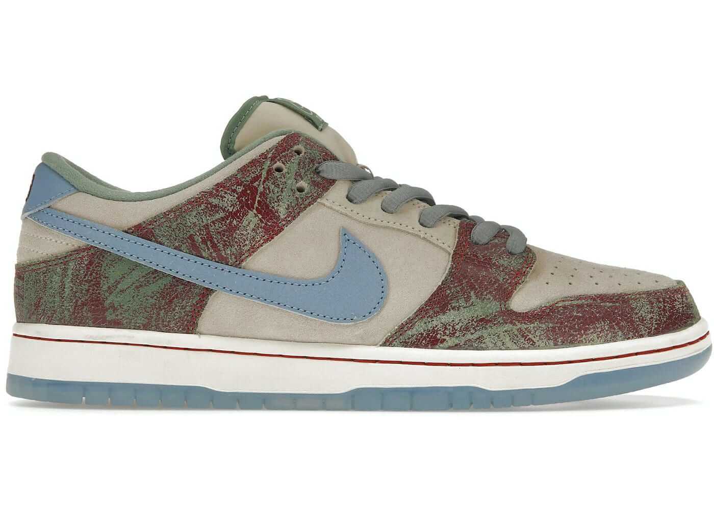 Nike SB Dunk Low Crenshaw Skate Club in grey, green, and blue, featuring a unique design. 100% authentic, available in all sizes.