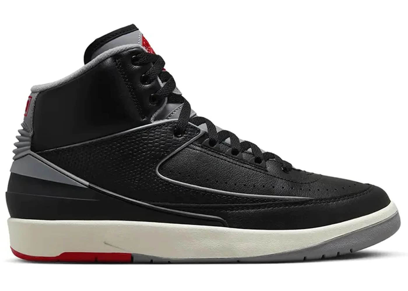 Jordan 2 Retro Black Cement sneakers in black, grey, and red, available in various sizes for next day express shipping.