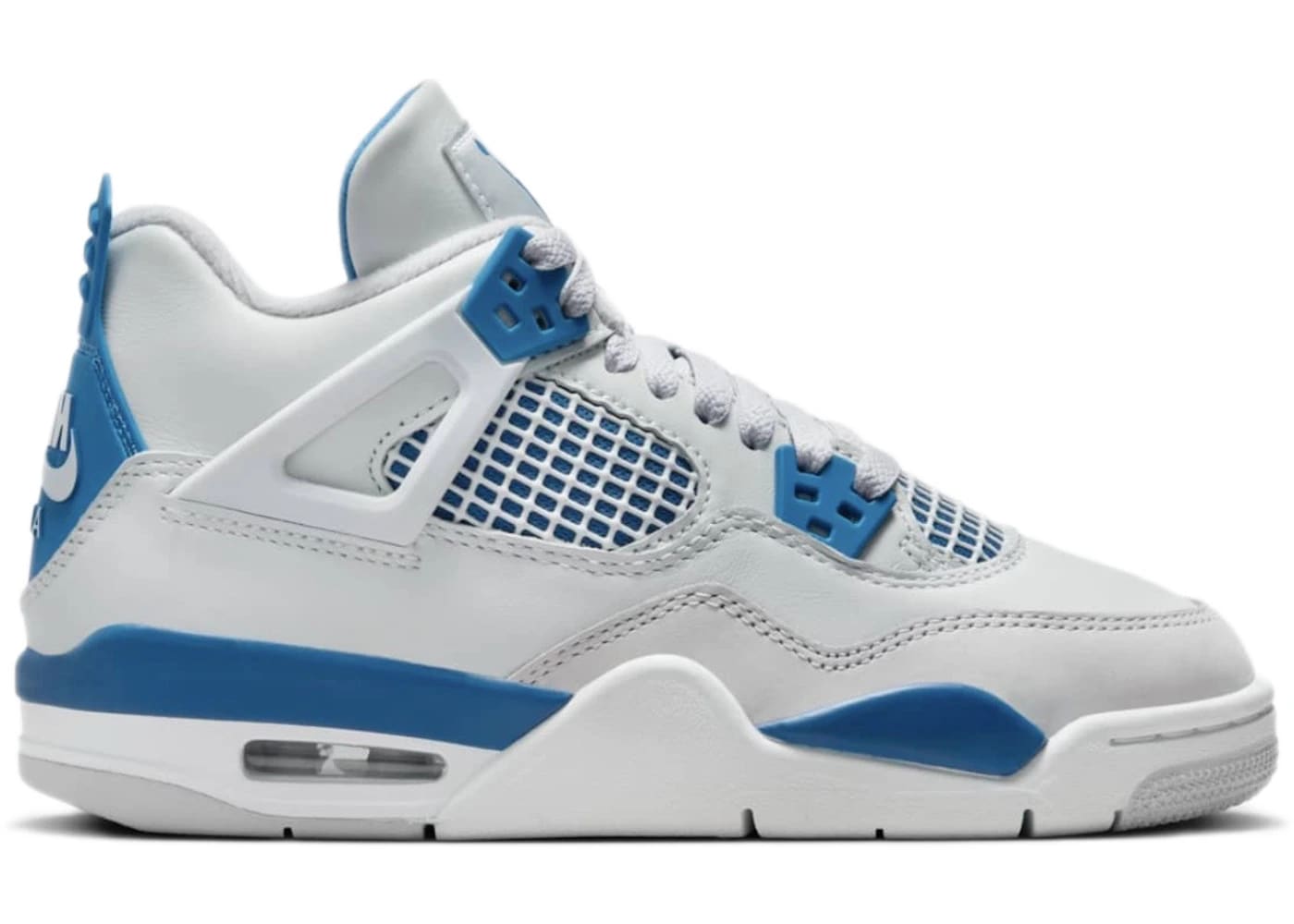 Jordan 4 Retro Military Blue (2024) GS sneaker side view, featuring white and blue design, 100% authentic, brand new.
