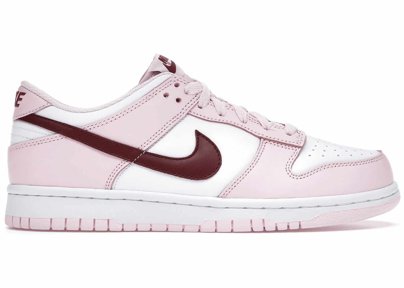 Nike Dunk Low Pink Foam Red White (GS) sneaker side view with pink leather and maroon accents.