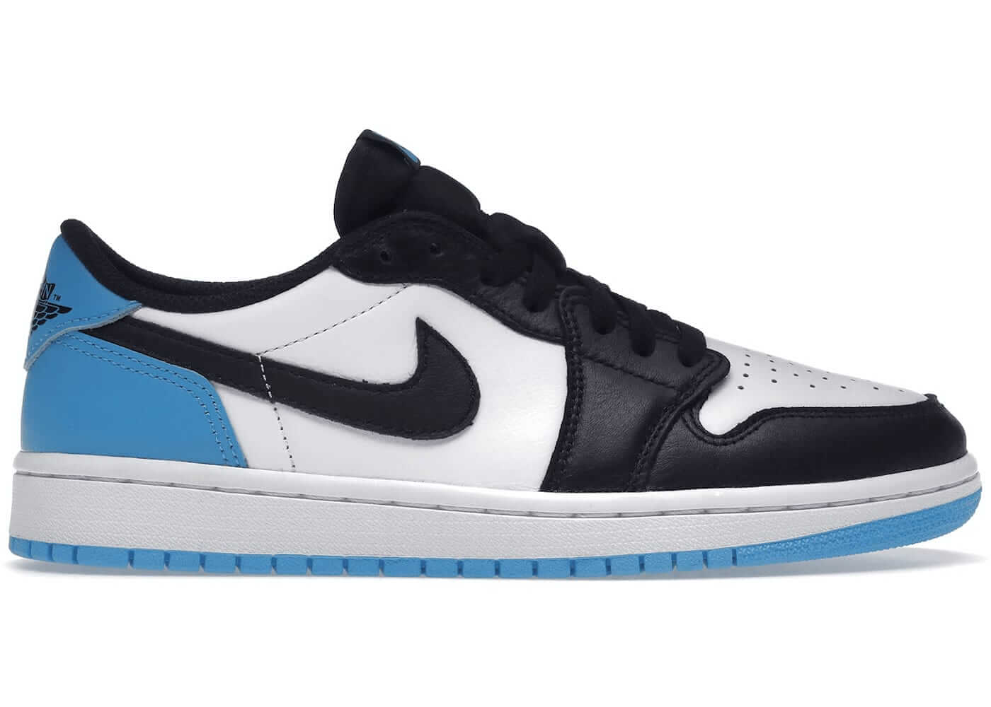 Jordan 1 Retro Low OG Black Dark Powder Blue sneakers for women, featuring a stylish black and powder blue design.