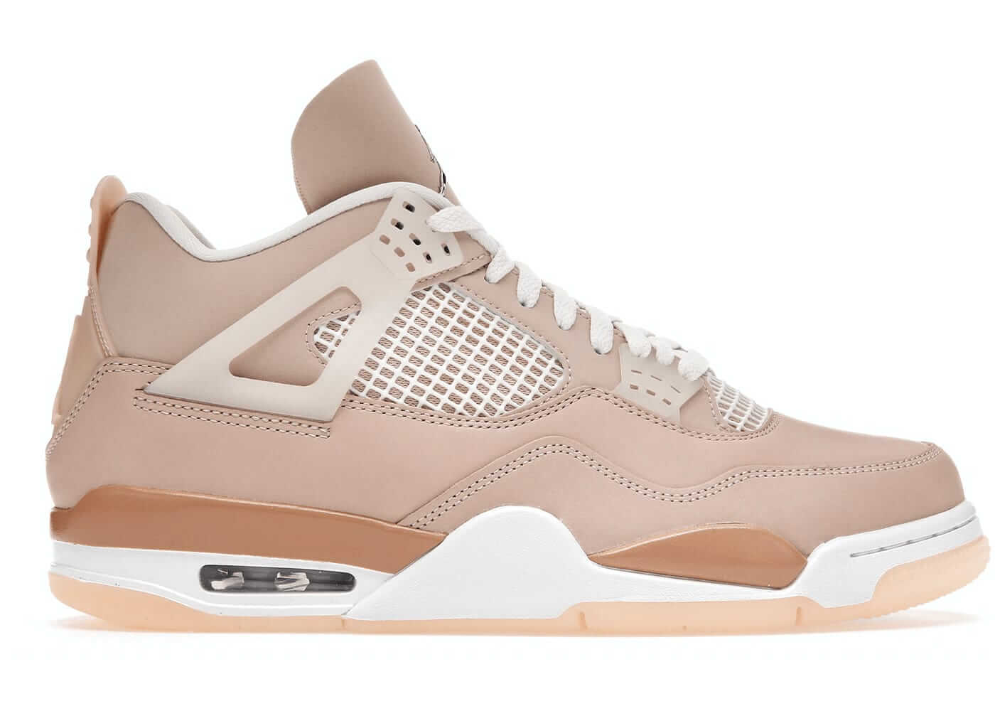 Jordan 4 Retro Shimmer women's sneakers in light beige with mesh detailing and stylish design.