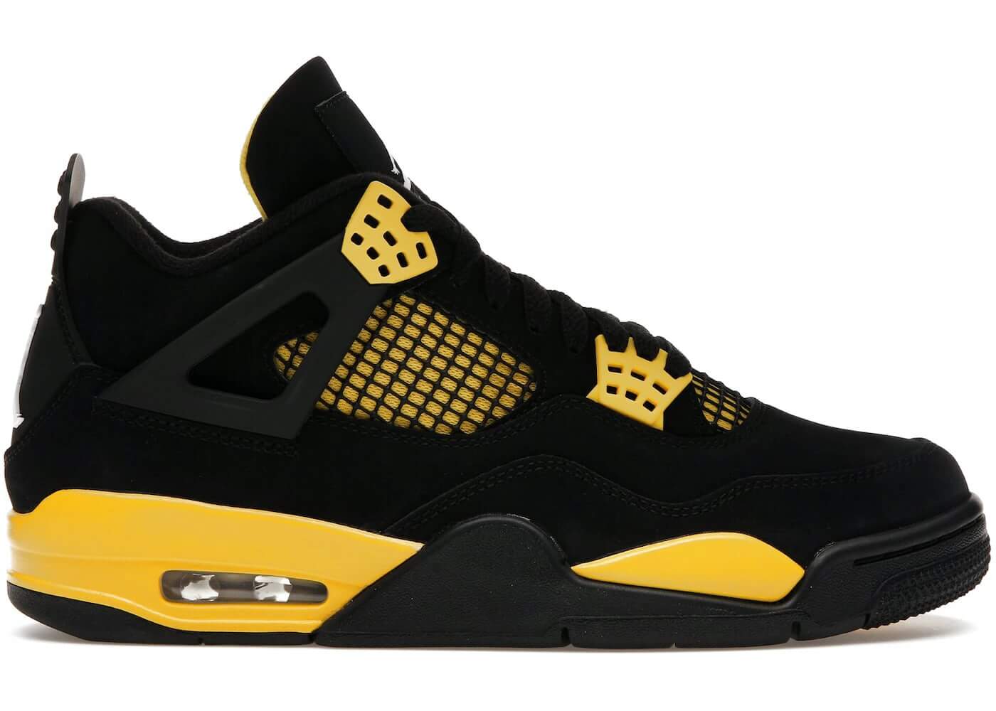 Jordan 4 Retro Thunder (2023) in black and yellow, featuring iconic design and authentic quality. Next day express shipping available.