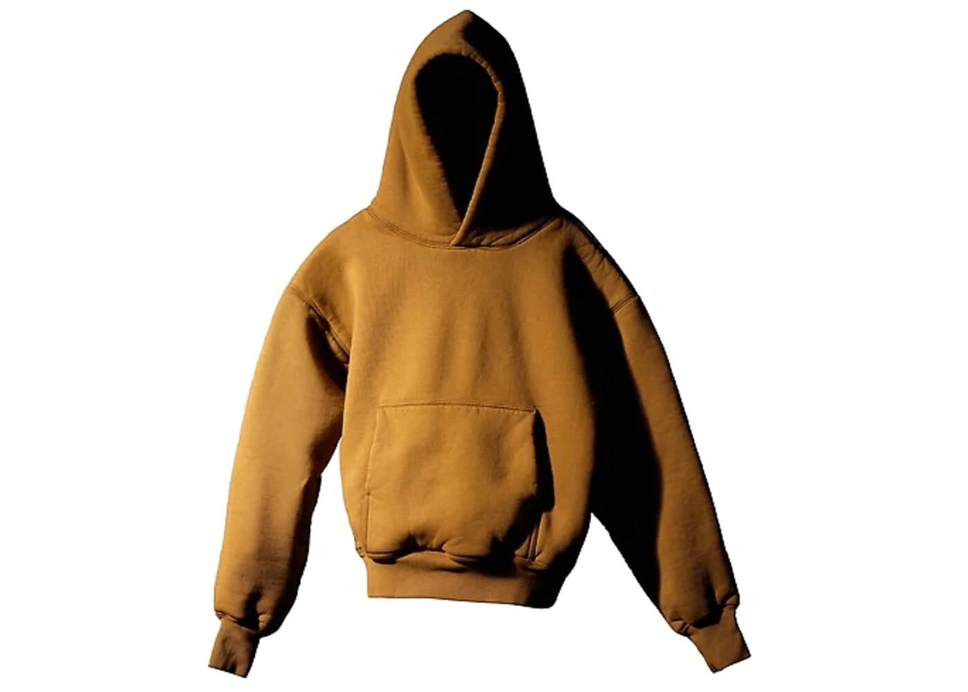 Yeezy Gap Hoodie in light brown, featuring a hood and front pocket, made from 100% thick cotton, no branding.