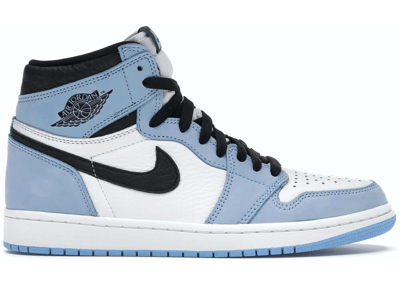 Jordan 1 Retro High OG University Blue sneakers in brand new condition with black and white accents.