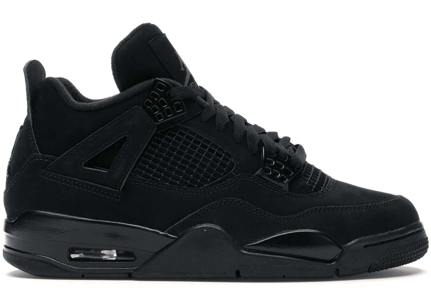 Jordan 4 Retro Black Cat sneakers in all-black design, showcasing a sleek silhouette and premium materials.