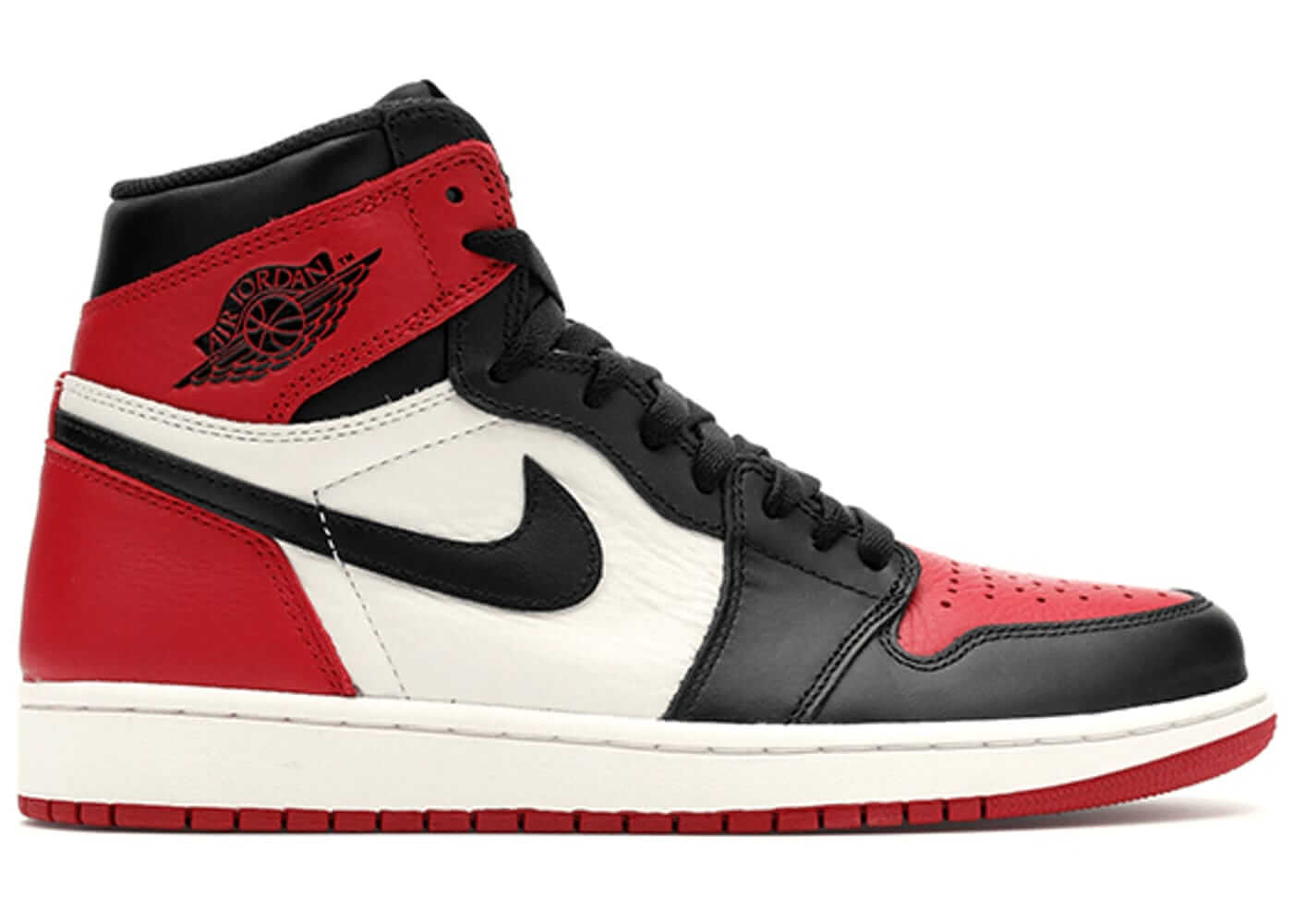 Jordan 1 Retro High Bred Toe sneaker in black, red, and white colors with iconic Air Jordan logo.