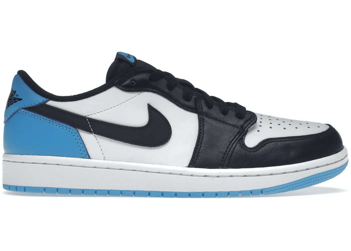 Jordan 1 Retro Low OG in black and dark powder blue, featuring classic silhouette and premium materials. 100% authentic.