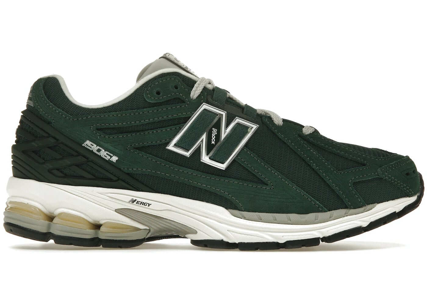 New Balance 1906R Nightwatch Green running shoes featuring green mesh upper and suede overlays, combining style and comfort.