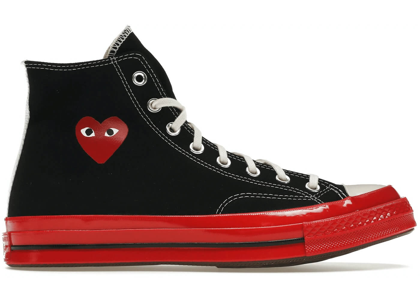 Converse Chuck Taylor All Star 70 Hi Comme des Garçons PLAY in black and red with iconic heart logo on side.