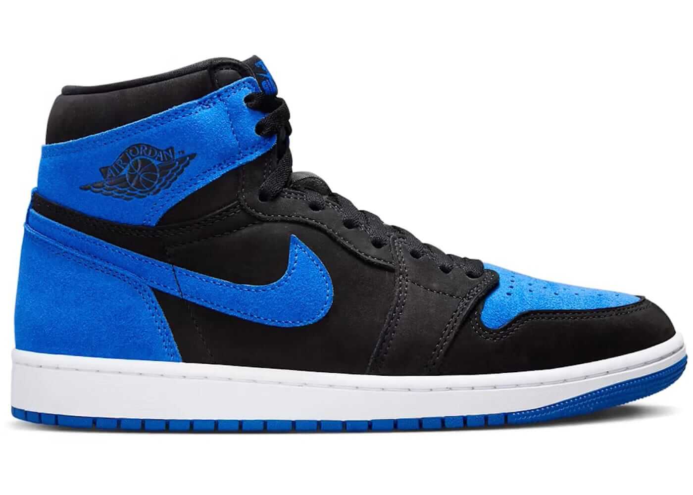 Jordan 1 Retro High OG Royal Reimagined sneaker in black and blue, 100% authentic with next day express shipping available.
