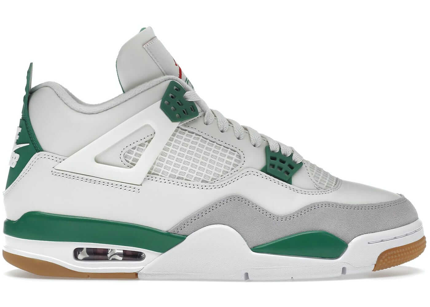 Jordan 4 Retro SB Pine Green sneakers, 100% authentic, featuring a white and green design with gum sole. Next Day Express Shipping available.
