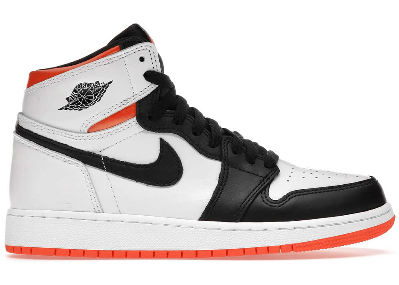Jordan 1 High OG Electro Orange (GS) sneaker featuring black, white, and orange design, 100% authentic, available in kids sizes.
