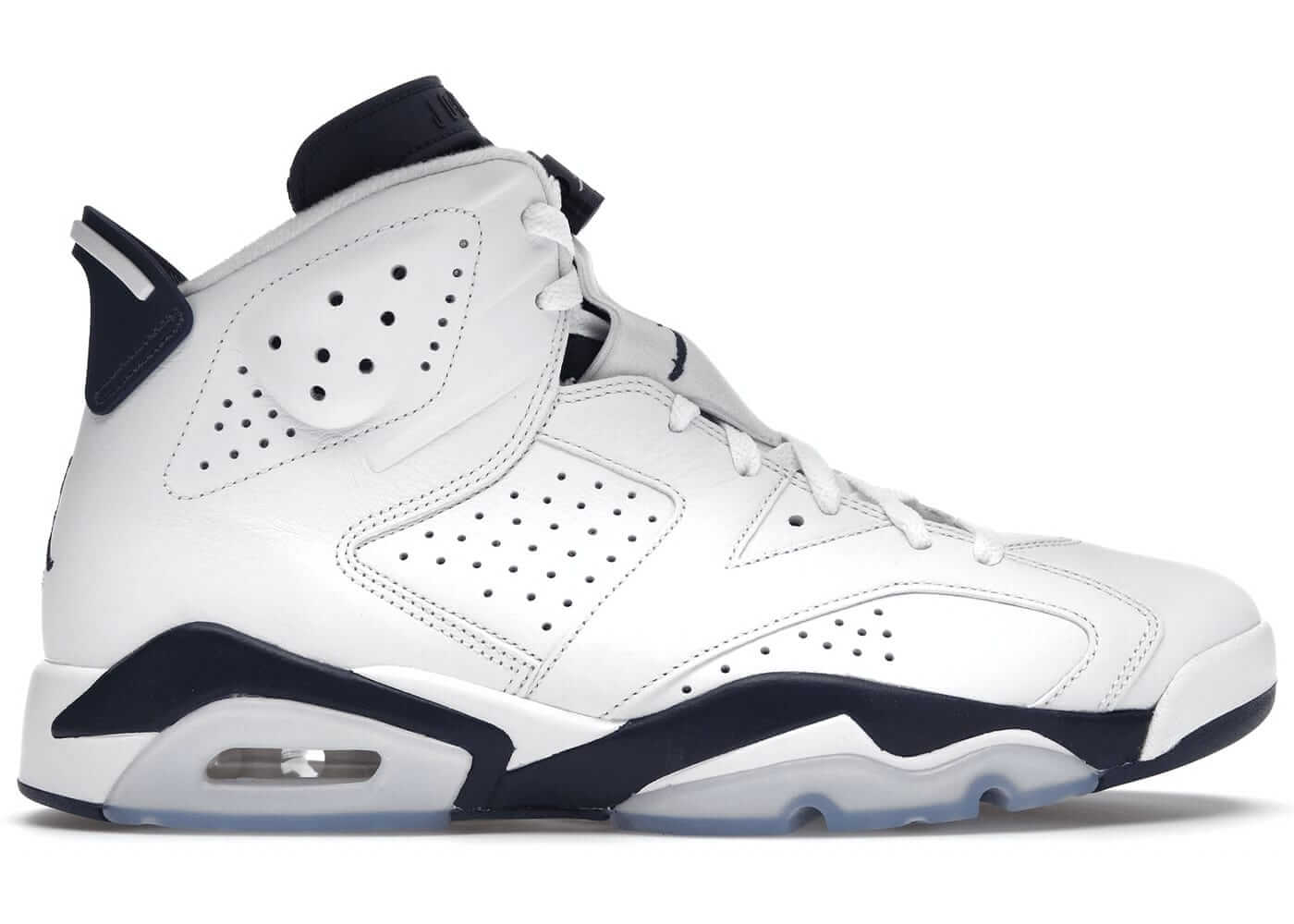 Jordan 6 Retro Midnight Navy 2022 in white and navy design, featuring stylish perforations and signature midsole.