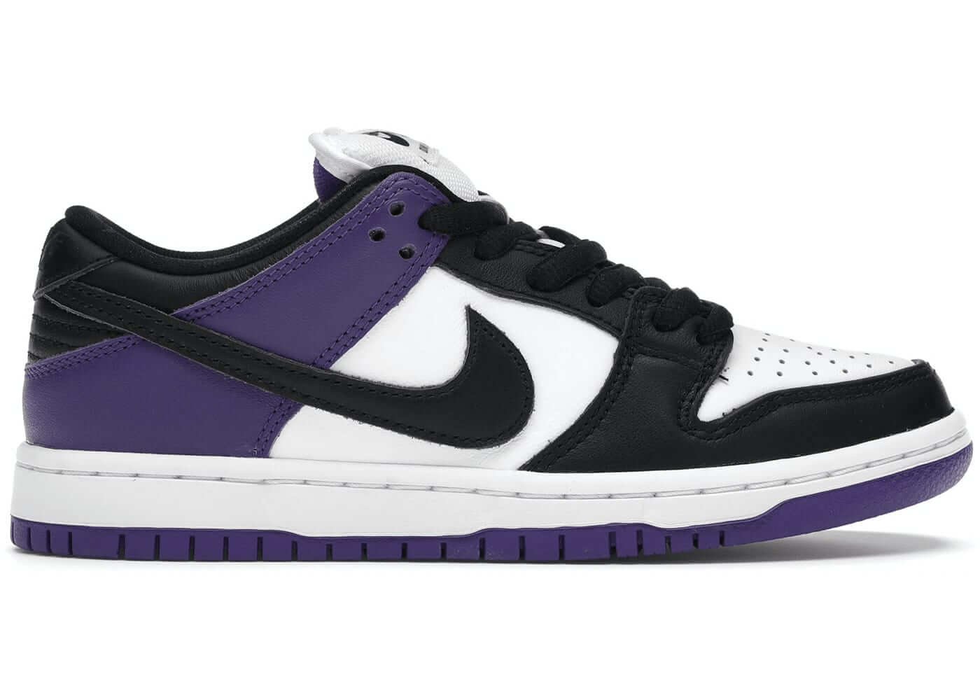 Nike SB Dunk Low Court Purple sneakers in black, white, and purple - brand new and 100% authentic, available in various sizes.