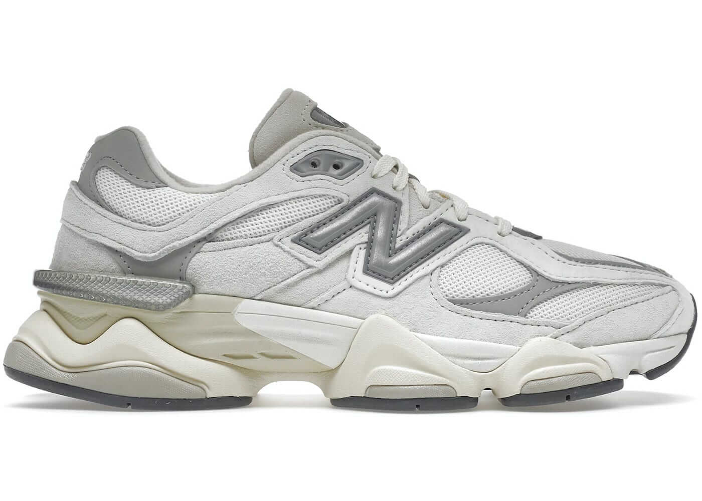 New Balance 9060 Sea Salt White sneaker side view, featuring gray accents and premium materials, 100% authentic, available now.