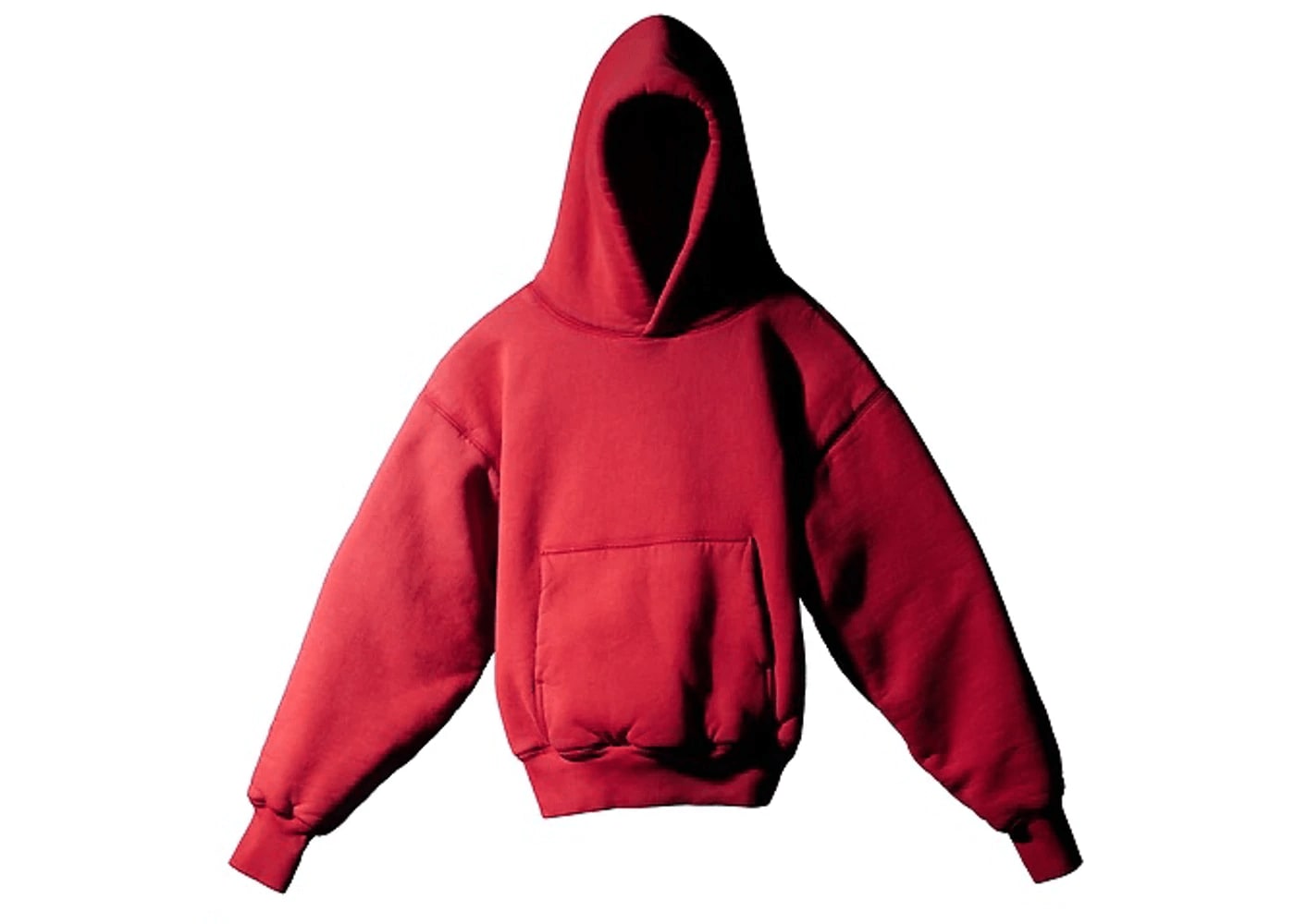Yeezy x GAP red hoodie featuring a hood and front pocket, made from 100% cotton, released in 2021.