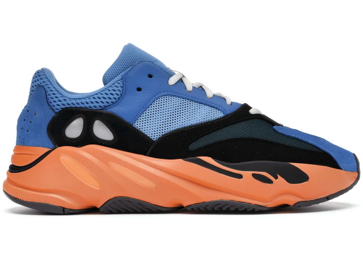 adidas Yeezy Boost 700 Bright Blue sneakers in vibrant blue and orange, showcasing unique design and colors.