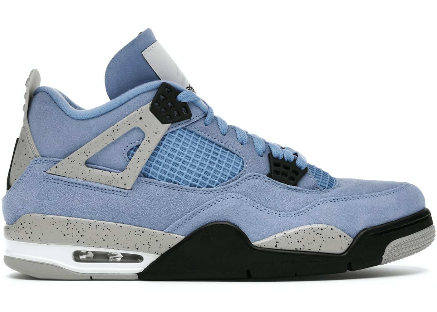Jordan 4 Retro University Blue sneaker with a soft blue upper and speckled gray detailing, perfect for sports and casual style.