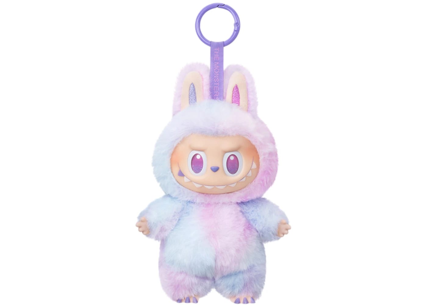 Pop Mart Labubu plush pendant in pastel colors with bunny ears, perfect for bag charms and lucky collectibles.