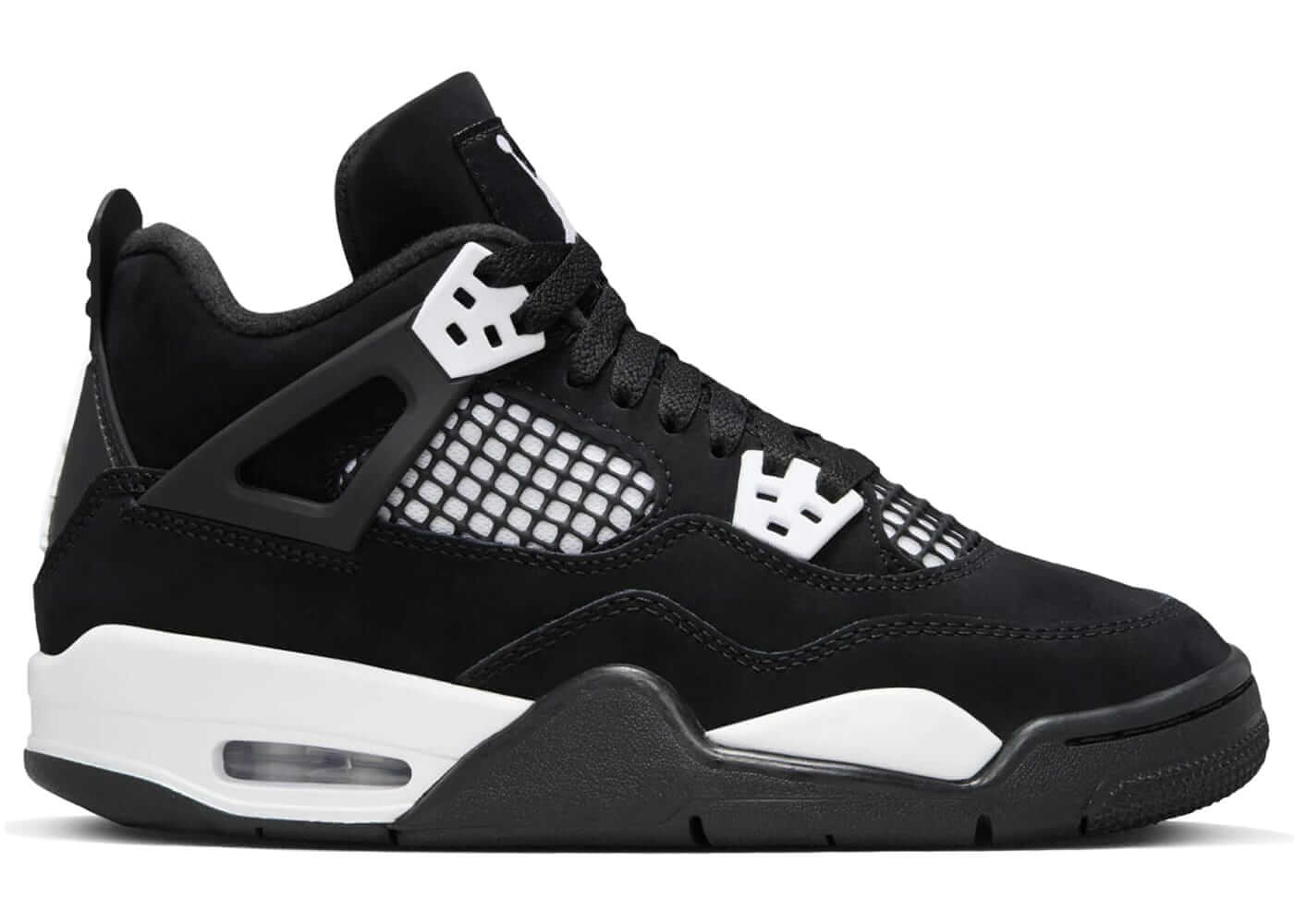 Jordan 4 Retro White Thunder (GS) sneaker, black and white design, featuring mesh details and air cushioning.