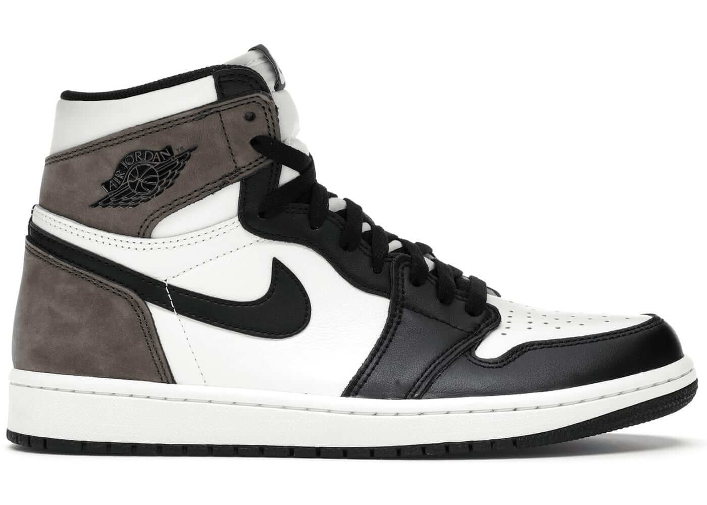 Jordan 1 Retro High Dark Mocha sneaker in black, white, and dark mocha colorway, featuring iconic design and 100% authentic quality.