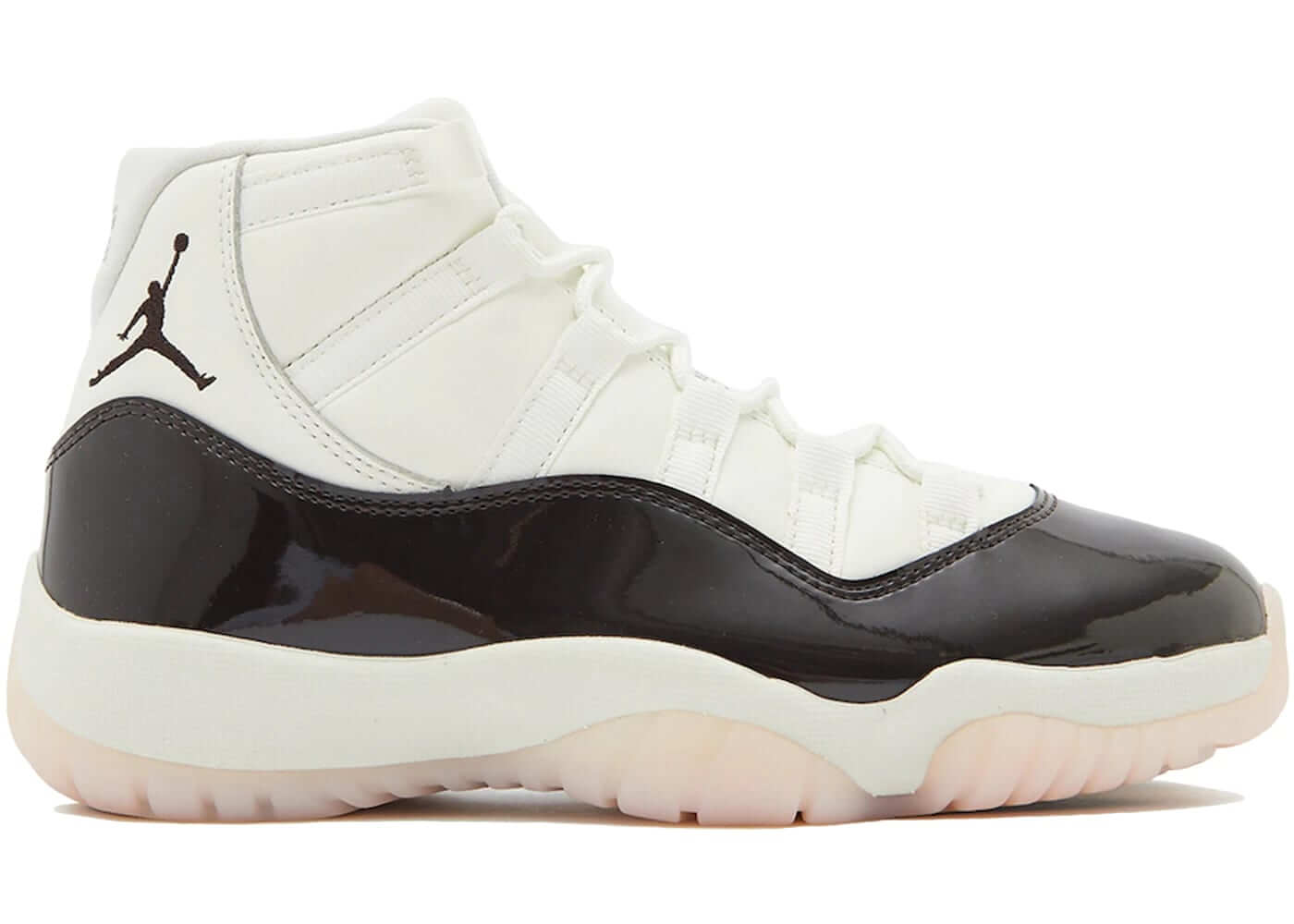 Jordan 11 Retro Neapolitan women's sneakers, brand new, authentic, featuring white and black colorway with iconic logo.