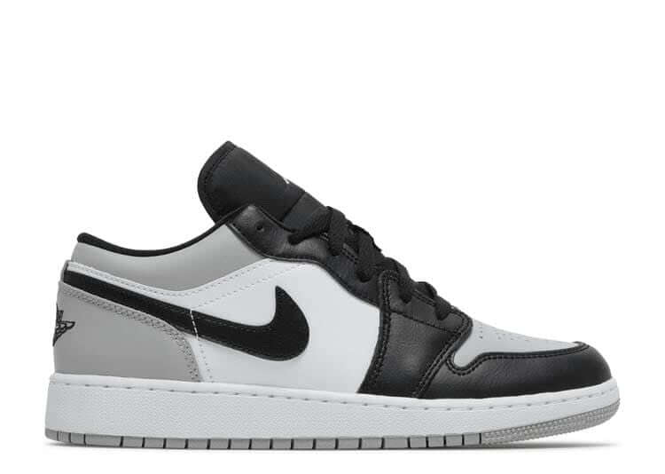 Jordan 1 Low Shadow Toe (GS) sneaker in black and gray, 100% authentic, next day express shipping available.