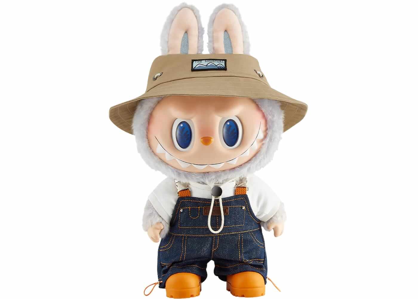 Pop Mart LABUBU collectible vinyl plush doll in denim overalls and hat, part of The Monsters series.