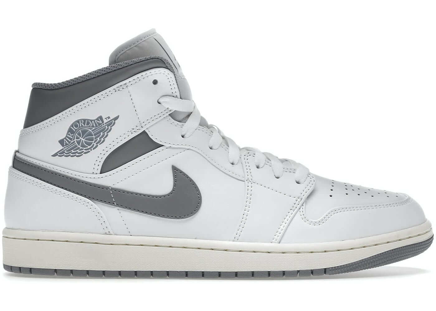 Air Jordan 1 Mid Neutral Grey sneaker side view, brand new and 100% authentic, next day express shipping available.
